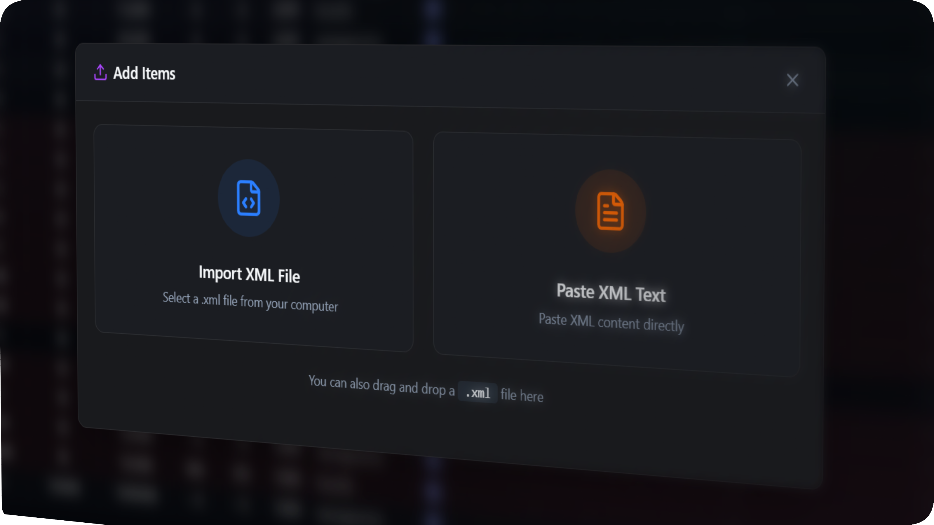 Add items modal interface inside mockup